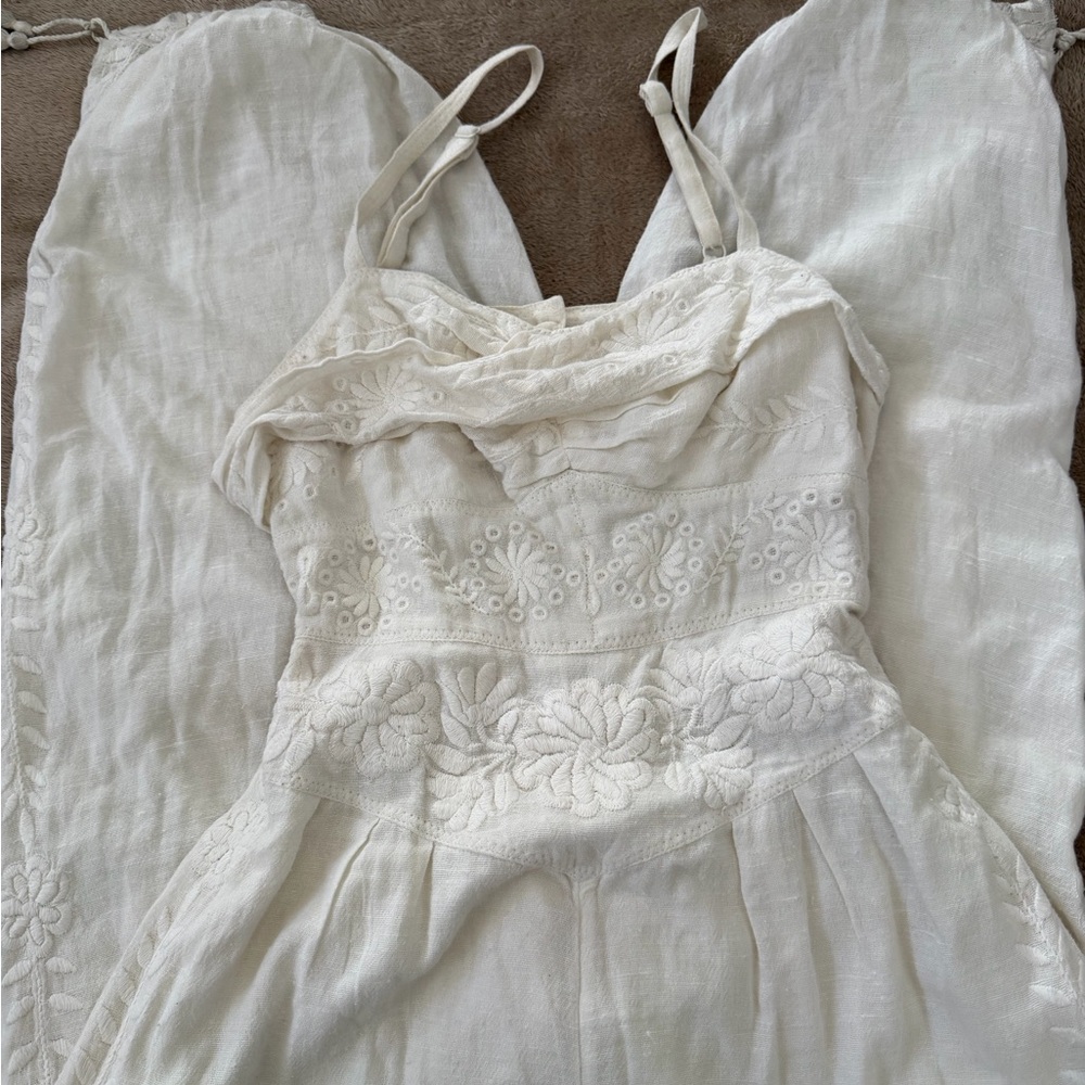 Free People Cream Jumpsuit with Floral Embroidery